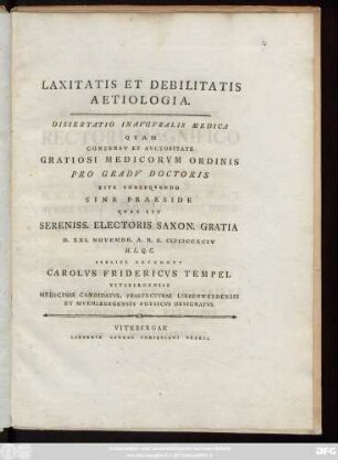 Laxitatis Et Debilitatis Aetiologia : Dissertatio Inavgvralis Medica
