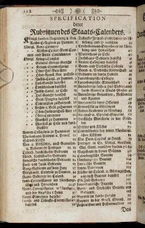 Specification derer Rubriquen des Staats-Calenders.