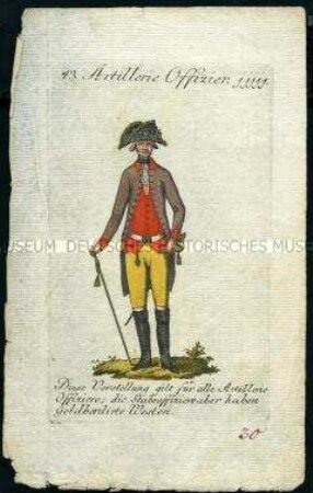 Uniformdarstellung, Offizier der Artillerie, Österreich, 1796. Tafel aus: Geschichte und bildliche Vorstellung der Regimenter des Erzhauses Österreich.