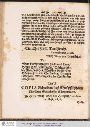 Lit: U. COPIA Schreibens deß ChurPfältzischen OberAmpt Schultheissen Schragmüllers/ ...