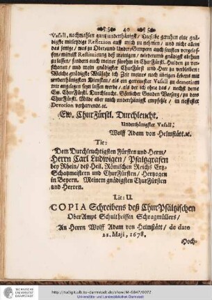 Lit: U. COPIA Schreibens deß ChurPfältzischen OberAmpt Schultheissen Schragmüllers/ ...