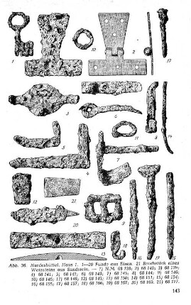 Abb. 36. Hardesbüttel. Haus 1. 1-20 Funde aus Eisen. 21 Bruchstück eines Wetzsteins aus Sandstein. - 1) H.M. 68 138; 2) 68 140; 3) 68 139; 4) 68 141; 5) 68 142; 6) 68 143; 7) 68 145; 8) 68 144; 9) 68 146; 10) 68 146; 11) 68 148; 12) 68 149; 13) 68 150; 14) 68 151; 15) 68 154; 16) 68 155; 17) 68 157; 18) 68 166; 19) 69 167; 20) 68 169. 21) 68 177.