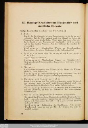 III. Häufige Krankheiten, Hospitäler und ärztliche Dienste