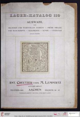 Nr. 110: Lager-Katalog: Auswahl von seltenen und wertvollen Werken, Frühe Drucke und Manuskripte, Geschichte, Kunst, Literatur