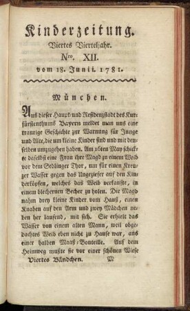 Kinderzeitung. Viertes Vierteljahr. Nro. XII. vom 18. Junii. 1781.