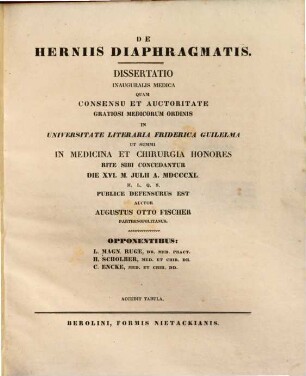 De herniis diaphragmatis : dissertatio inauguralis medica ; accedit tabula