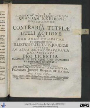 Dissertatio Inauguralis Juridica Quasdam Exhibens Positiones De Contraria Tutelae Et Utili Actione