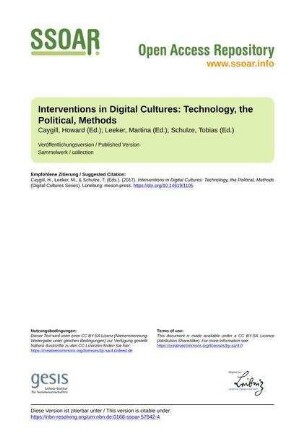 Interventions in Digital Cultures: Technology, the Political, Methods