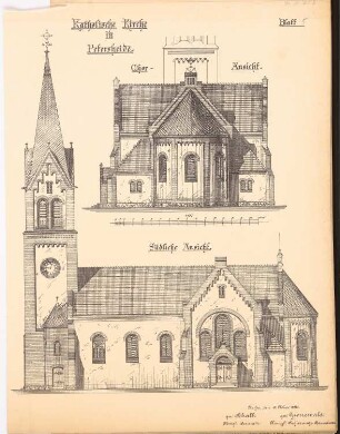 Katholische Kirche, Petersheide: Choransicht und Südliche Ansicht 1:100