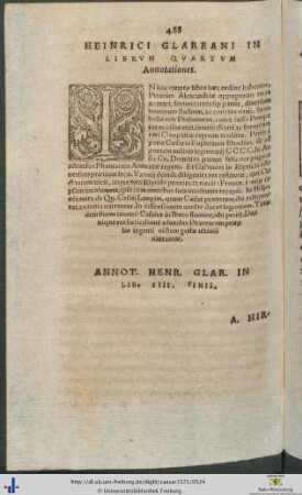 Heinrici Glareani In Librum Quartum Annotationes