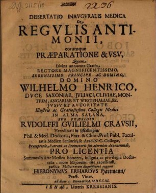 Diss. inaug. med. de regulis antimonii, eorumque praeparatione & usu