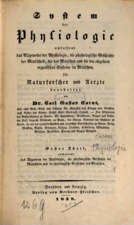 System der Physiologie : umfassend das Allgemeine der Physiologie, die physiologische Geschichte der Menschheit, die des Menschen und die der einzelnen organischen Systeme im Menschen ; für Naturforscher und Aerzte, 1. Enthaltend das Allgemeine der Physiologie, die physiologische Geschichte der Menschheit und die physiologische Geschichte des Menschen