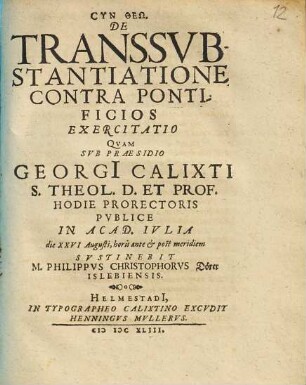 De Transsubstantiatione Contra Pontificios Exercitatio