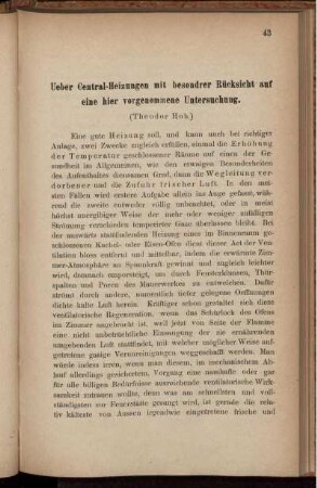 Ueber Central-Heizungen mit besondrer Rücksicht auf eine hier vorgenommene Untersuchung.