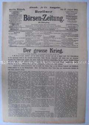 Titelblatt der "Berliner Börsen-Zeitung" zum Kriegsgeschehen