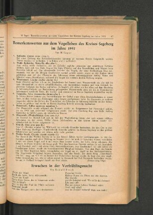 Bemerkenswertes aus dem Vogelleben des Kreises Segeberg im Jahre 1951