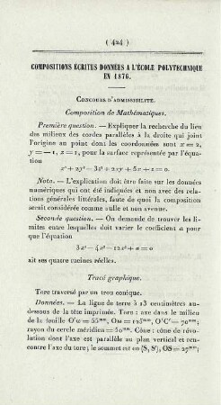 Compositions écrites données a l'École Polytechnique en 1876.
