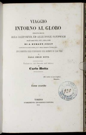 Tomo secondo: Viaggio Intorno Al Globo Principalmente Alla California Ed Alle Isole Sandwich negli anni 1826, 1827, 1828 e 1829. Tomo secondo