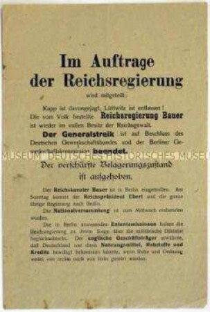Bekanntmachung der Reichsregierung über die Niederschlagung des Lüttwitz-Kapp-Putsches