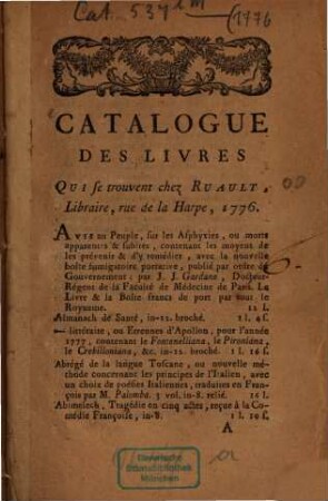 Catalogue Des Livres Qui se trouvent chez Ruault, Libraire, rue de la Harpe, 1776.