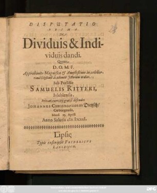 Disputatio Prima De Dividuis & Individuis dandi