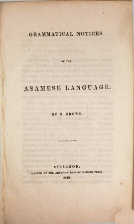 Grammatical notices of the Asamese language