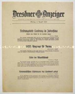 Nachrichtenblatt "Dresdner Anzeiger" u.a. zur Landung japanischer Truppen in Indochina