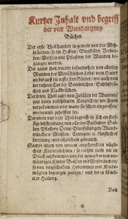 Kurtzer Inhalt und begriff der vier Wundartzney Bücher.