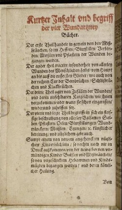 Kurtzer Inhalt und begriff der vier Wundartzney Bücher.