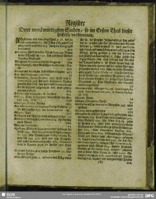 Register Derer merckwürdigsten Sachen, so im Ersten Theil dieser Historie vorkommen