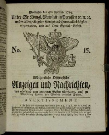 No. 15. Montags, den 9ten Aprilis, 1759.