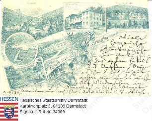 Ernsttal im Odenwald, Panorama und Einzelansichten / Gasthaus 'zur Post'; Schloss Waldleiningen; Partie am Weiher; Brauerei; Partie an der Wildenburg