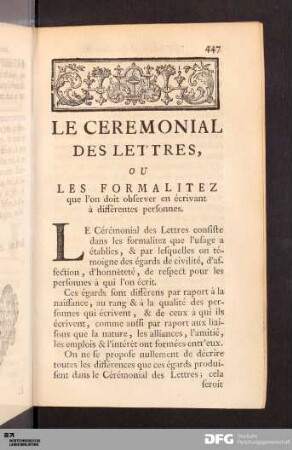 Le Ceremonial Des Lettres, Ou Les Formalitez que l'on doit observer en écrivant à différentes personnes.