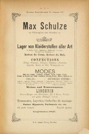 Münchener Hôtel-Adressbuch : Geschäftsanzeiger ; zugleich Führer durch Münchens Kunstschätze und Sehenswürdigkeiten. 11. 1887