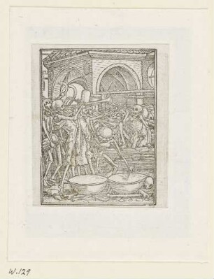 Musizierende Skelette, aus: Symphorien Barbier, Les images de la mort, Lyon 1562, A 5 recto