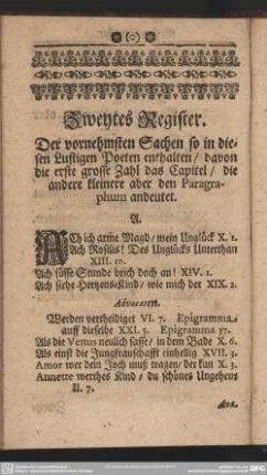 Zweytes Register, Der vornehmsten Sachen so in diesen Lustigen Poeten enthalten ...