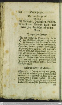 Dritte Zugabe von einigen bey Geburten, Hochzeiten, Leichen, Geburts- und Namens-Tägen, auch neuen Jahre dienlichen mündlichen Reden