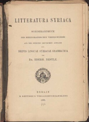 Litteratura Syriaca : Sonderabdruck des bibliographischen Verzeichnisses aus der zweiten (deutschen) Auflage der Brevis linguae Syriacae grammatica