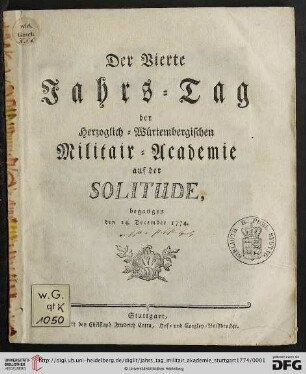 4: Der ... Jahrs-Tag der Herzoglich-Würtembergischen Militair-Akademie zu Stuttgart
