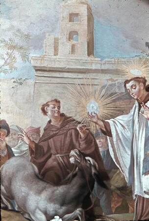 Die Bekehrung eines Juden durch den heiligen Antonius von Padua: ein Esel kniet vor der Hostie nieder