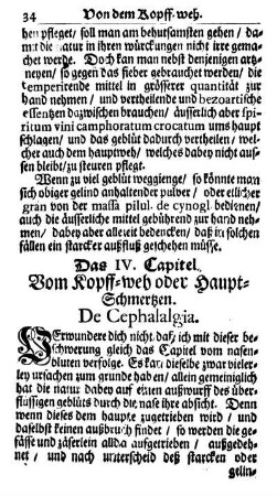 Das IV. Capitel. Vom Kopff-weh oder Haupt-Schmertzen. De Cephalalgia.