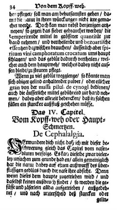 Das IV. Capitel. Vom Kopff-weh oder Haupt-Schmertzen. De Cephalalgia.