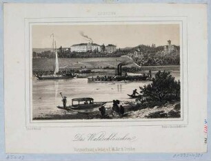 Blick von Süden über die Elbe mit Schiffen auf Brauerei und Restaurant "Zum Waldschlösschen" an der Bautzner Straße in Dresden und die angrenzenden Villen
