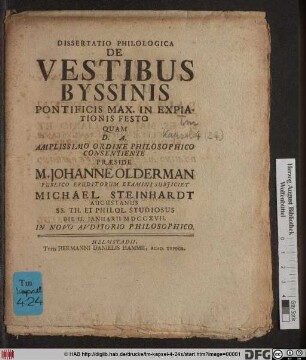 Dissertatio Philologica De Vestibus Byssinis Pontificis Max. In Expiationis Festo