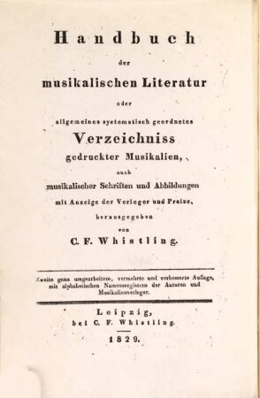 Handbuch der musikalischen Literatur : oder allgemeines systematisch geordnetes Verzeichnis gedruckter Musikalien, auch musikalischer Schriften und Abbildungen mit Anzeige der Verleger und Preise, [2,a]. Ergänzungsband