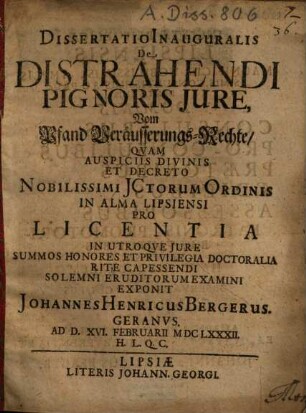 Dissertatio Inauguralis De Distrahendi Pignoris Jure, Vom Pfand Veräusserungs-Rechte