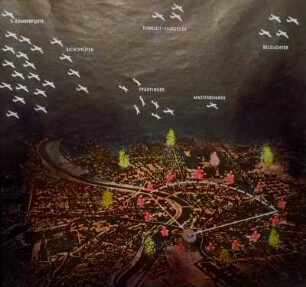 Der Angriff auf Dresden 1945. Einzeichnung der Bombardierung durch Fliegerstaffeln auf einer Luftbild-Schrägaufnahme aus 4000m Höhe von Walter Hahn 1933 (Ausschnitt). Ansicht von Nordwest mit Ostra-Gehege und Großem Garten