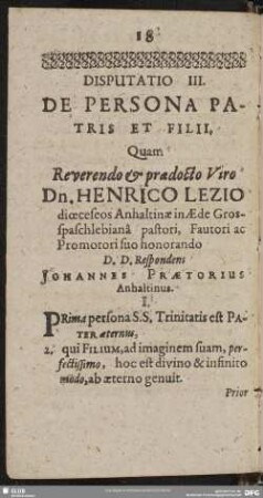 Disputatio III. De Persona Patris Et Filii