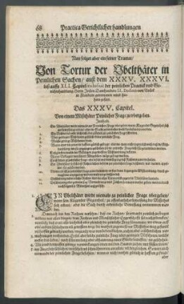 Nun folget aber ein feiner Tractat/ Von Tortur der Ubelthäter in Peinlichen Sachen ...