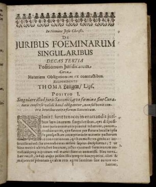 Decas Tertia Positionum Juridicarum Circa Materiem Obligationum ex contractibus.